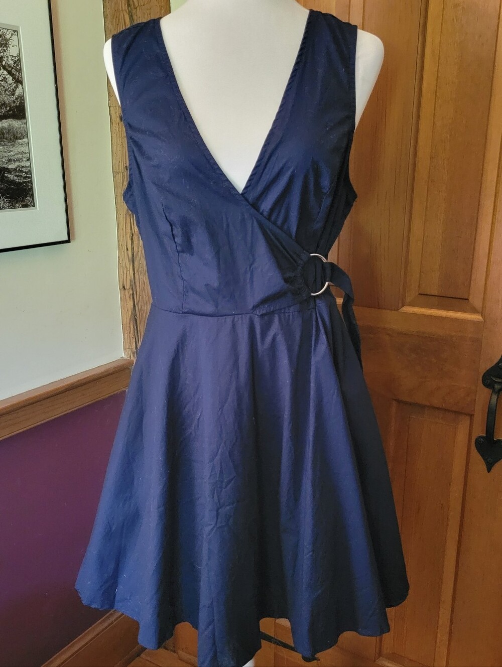 NEW Bailey Blue Navy Cotton Faux-Wrap A-Line Dress Size Large
